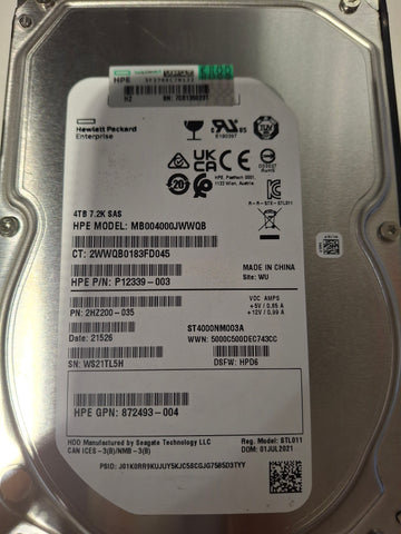 HP 872745-001 4TB 7.2K 12G SAS HDD P12339-003 872493-004 2HZ200
