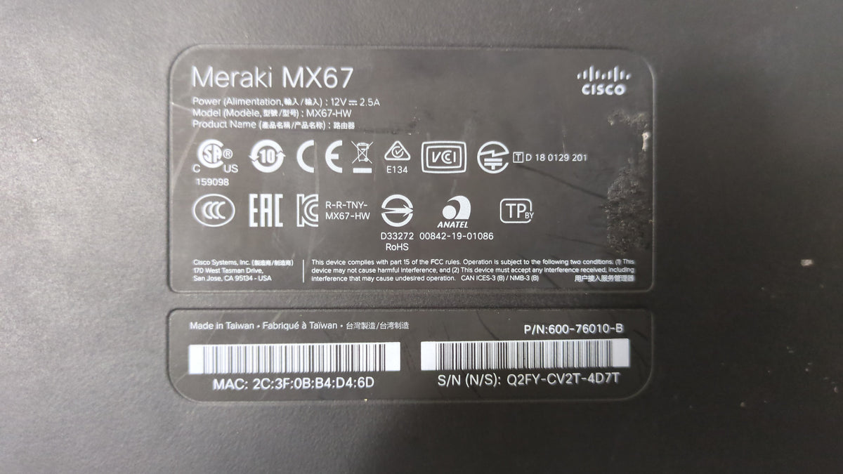 Cisco Meraki MX67 Security & SD-WAN Appliance MK67-HW 600-76010-B – TDS ...